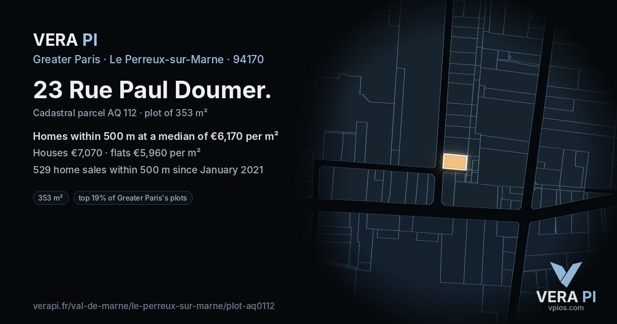 23 Rue Paul Doumer, Le Perreux-sur-Marne at night – the plot lit, the parcels around coloured by the prices near them