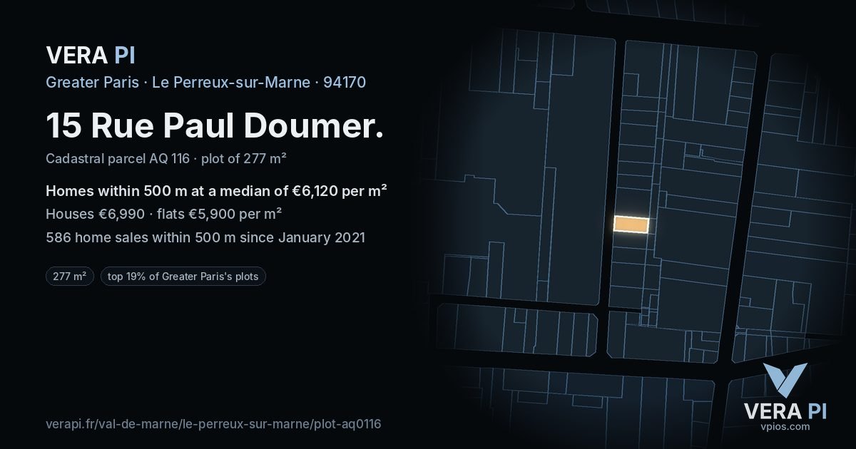 15 Rue Paul Doumer, Le Perreux-sur-Marne at night – the plot lit, the parcels around coloured by the prices near them