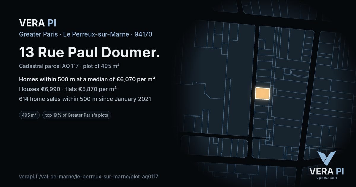 13 Rue Paul Doumer, Le Perreux-sur-Marne at night – the plot lit, the parcels around coloured by the prices near them