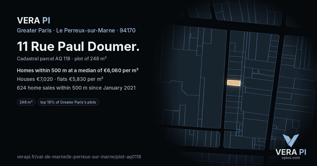 11 Rue Paul Doumer, Le Perreux-sur-Marne at night – the plot lit, the parcels around coloured by the prices near them