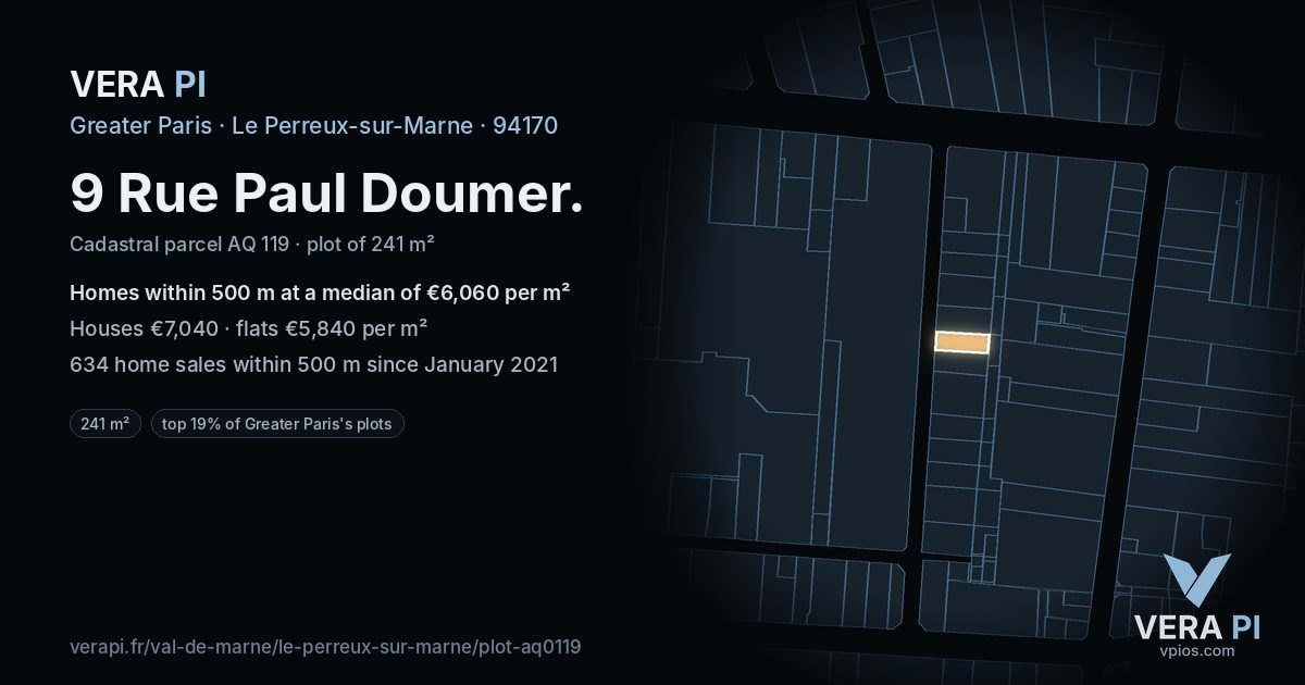9 Rue Paul Doumer, Le Perreux-sur-Marne at night – the plot lit, the parcels around coloured by the prices near them