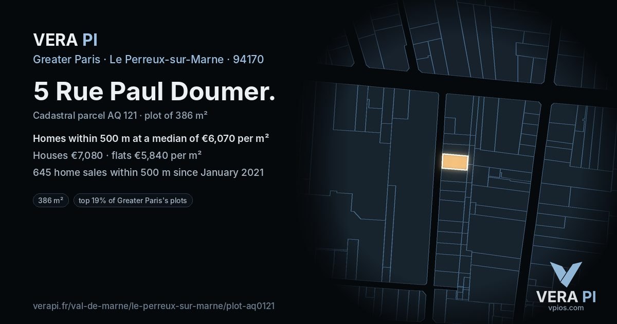 5 Rue Paul Doumer, Le Perreux-sur-Marne at night – the plot lit, the parcels around coloured by the prices near them