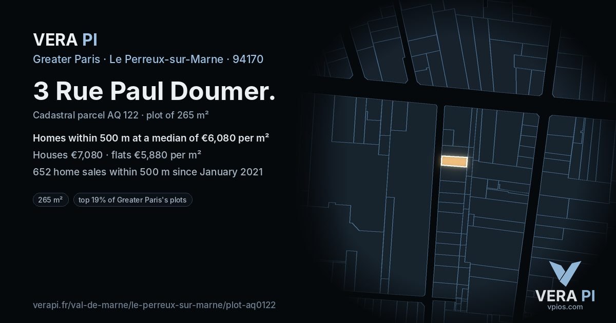 3 Rue Paul Doumer, Le Perreux-sur-Marne at night – the plot lit, the parcels around coloured by the prices near them
