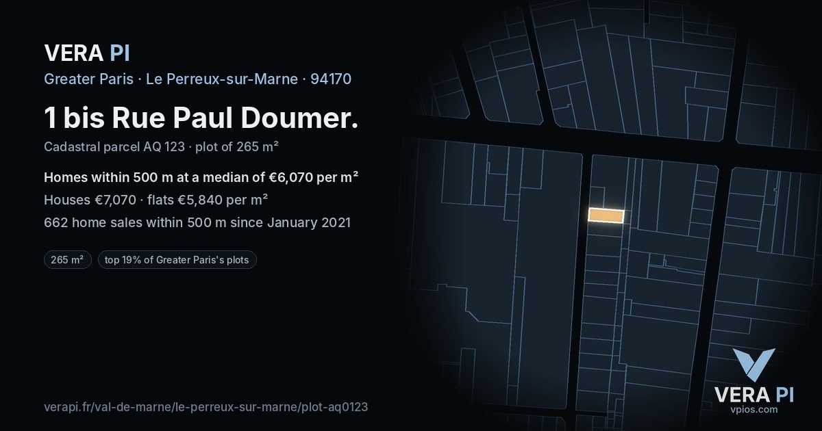 1 bis Rue Paul Doumer, Le Perreux-sur-Marne at night – the plot lit, the parcels around coloured by the prices near them