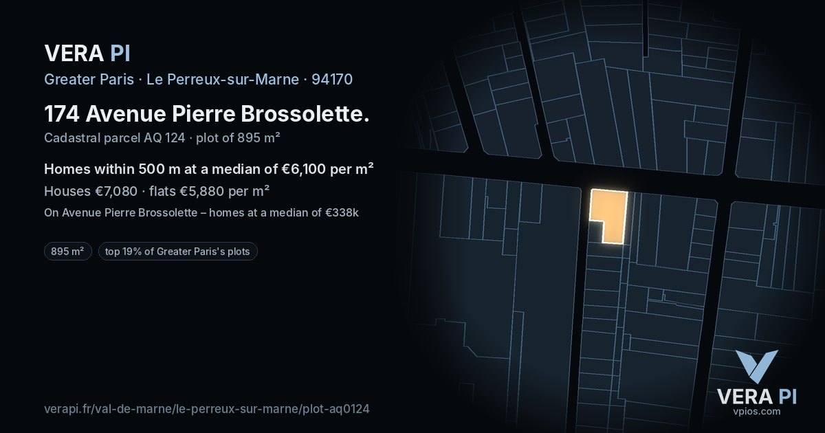 174 Avenue Pierre Brossolette, Le Perreux-sur-Marne at night – the plot lit, the parcels around coloured by the prices near them