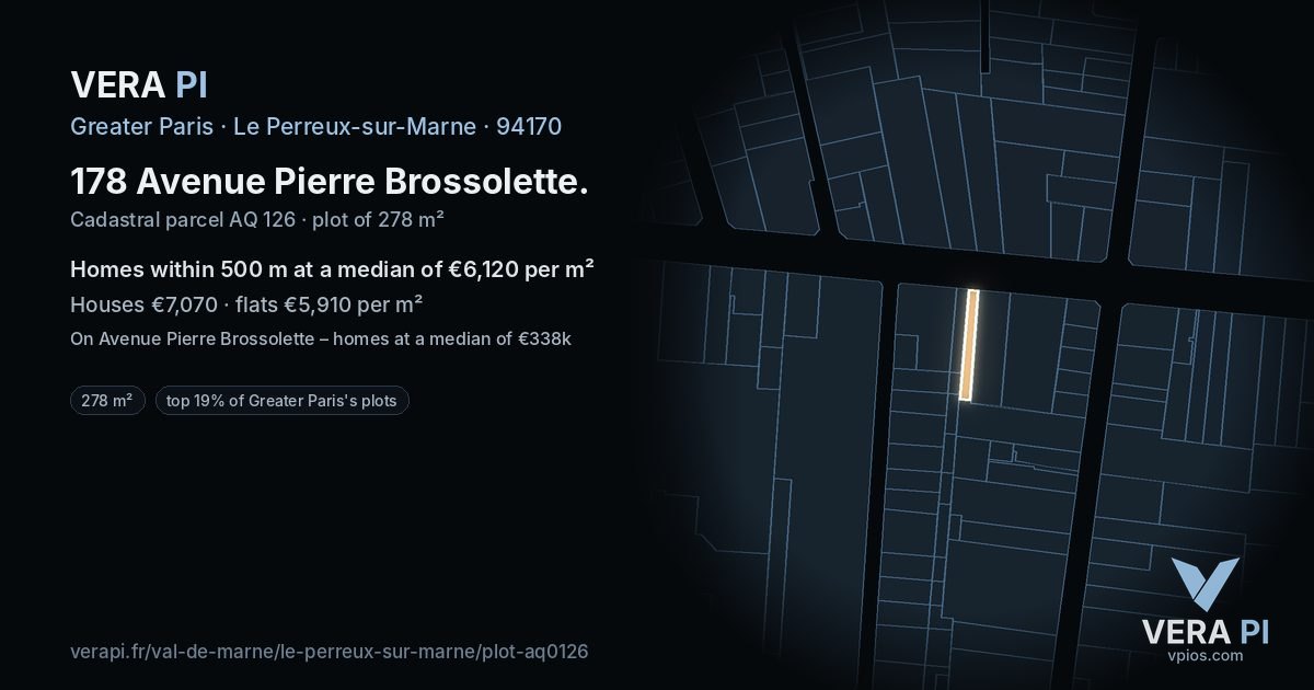 178 Avenue Pierre Brossolette, Le Perreux-sur-Marne at night – the plot lit, the parcels around coloured by the prices near them
