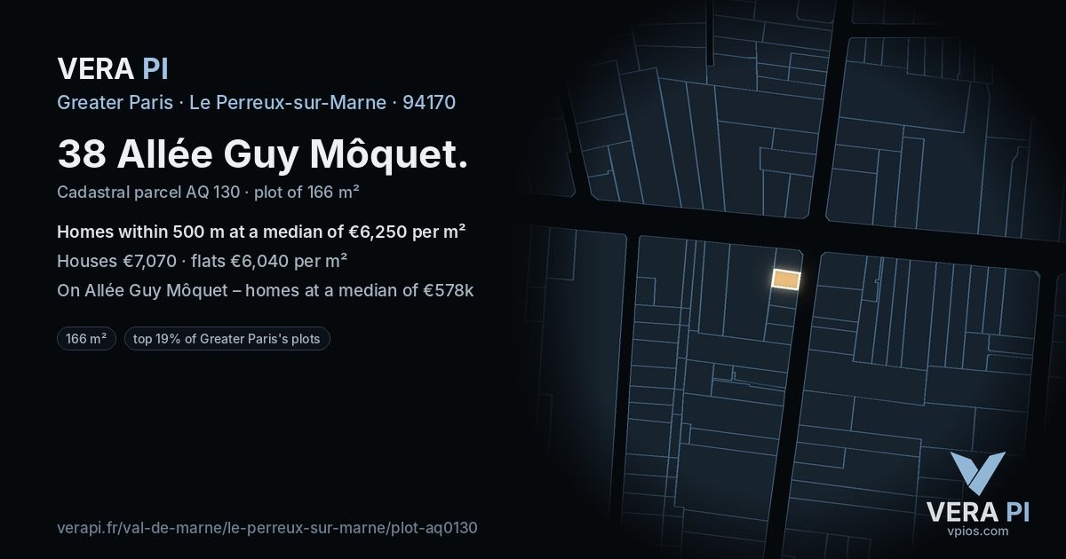 38 Allée Guy Môquet, Le Perreux-sur-Marne at night – the plot lit, the parcels around coloured by the prices near them