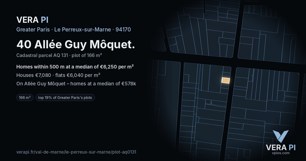 40 Allée Guy Môquet, Le Perreux-sur-Marne at night – the plot lit, the parcels around coloured by the prices near them