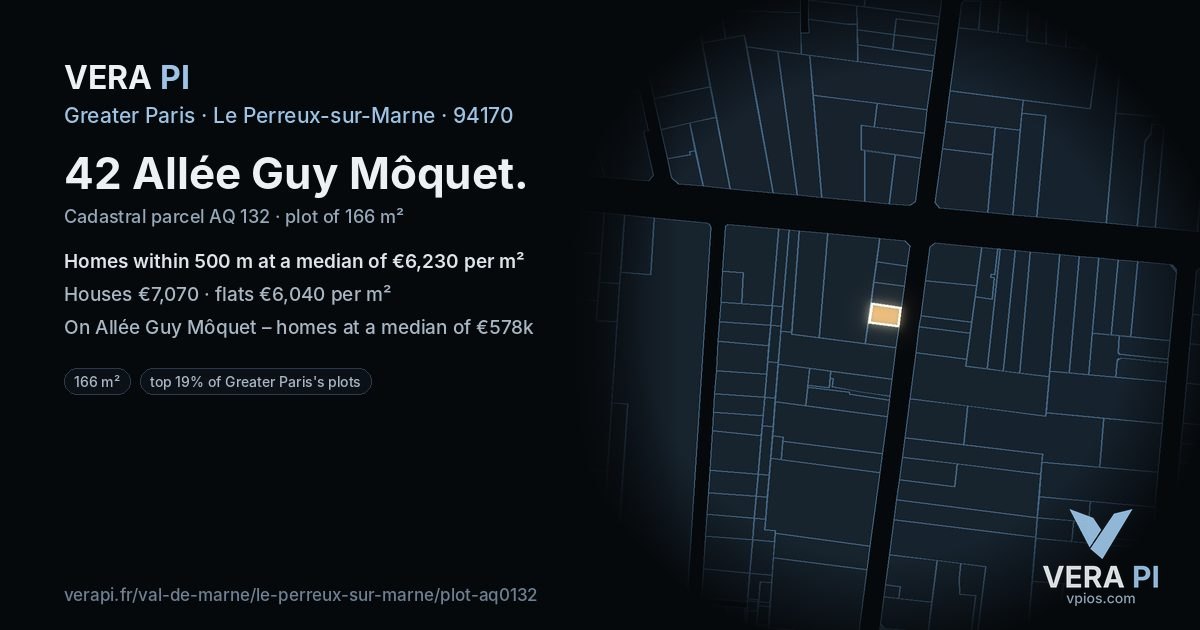 42 Allée Guy Môquet, Le Perreux-sur-Marne at night – the plot lit, the parcels around coloured by the prices near them