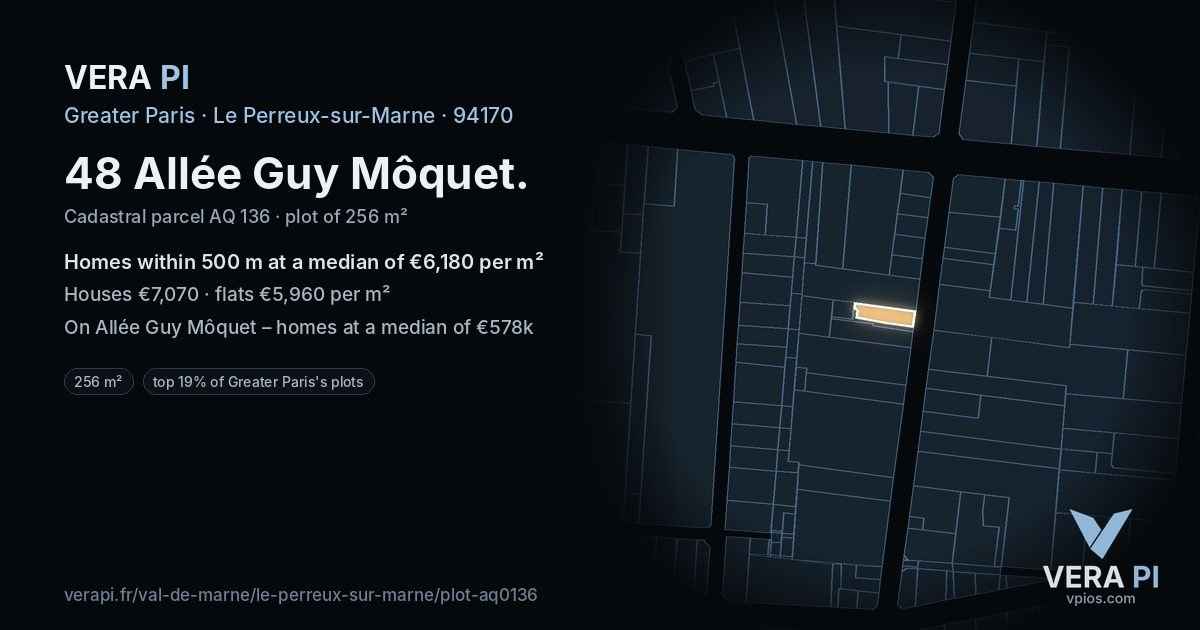 48 Allée Guy Môquet, Le Perreux-sur-Marne at night – the plot lit, the parcels around coloured by the prices near them