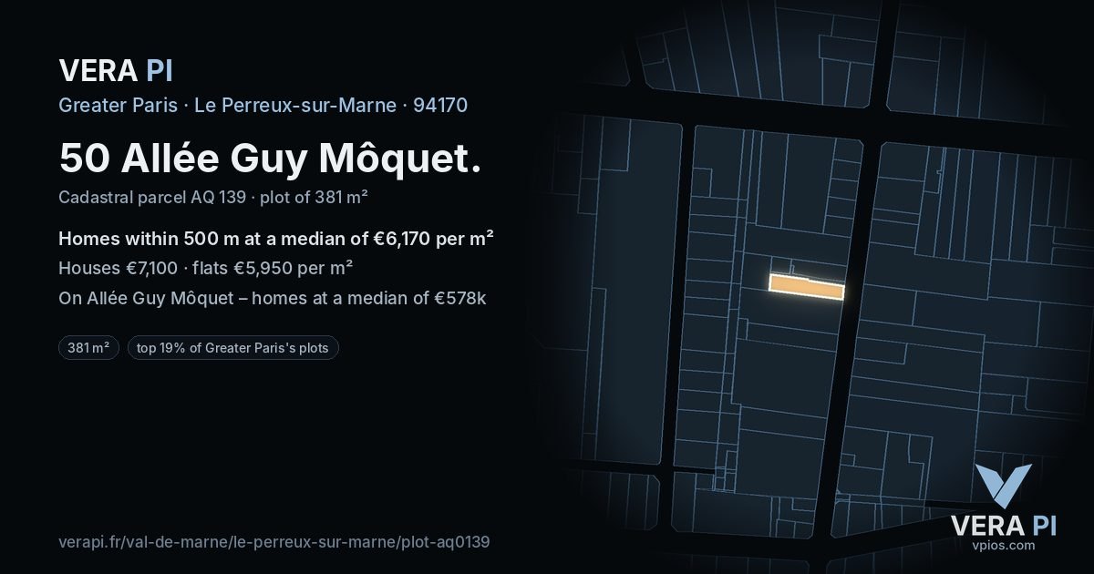 50 Allée Guy Môquet, Le Perreux-sur-Marne at night – the plot lit, the parcels around coloured by the prices near them