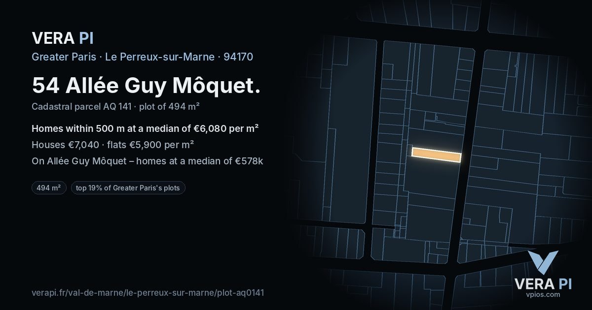 54 Allée Guy Môquet, Le Perreux-sur-Marne at night – the plot lit, the parcels around coloured by the prices near them