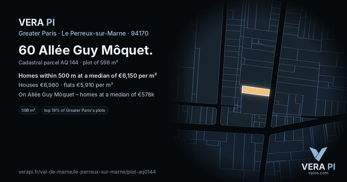 60 Allée Guy Môquet, Le Perreux-sur-Marne at night – the plot lit, the parcels around coloured by the prices near them
