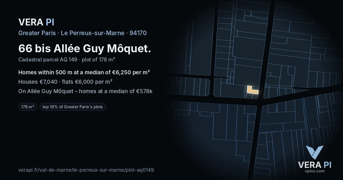 66 bis Allée Guy Môquet, Le Perreux-sur-Marne at night – the plot lit, the parcels around coloured by the prices near them