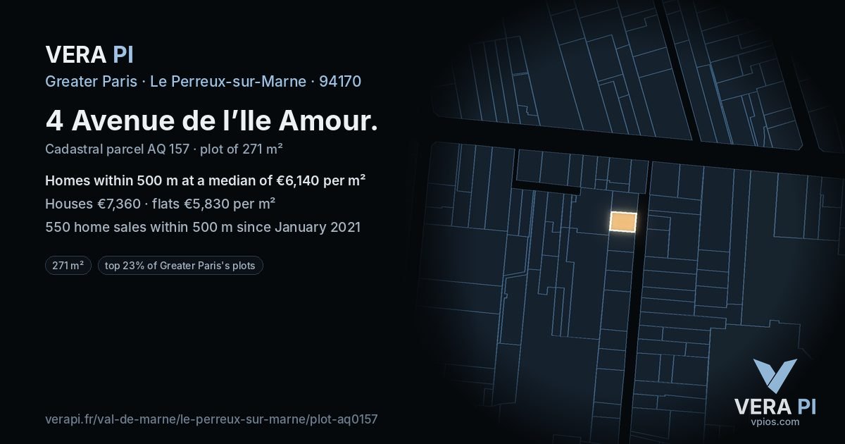 4 Avenue de l’Ile Amour, Le Perreux-sur-Marne at night – the plot lit, the parcels around coloured by the prices near them