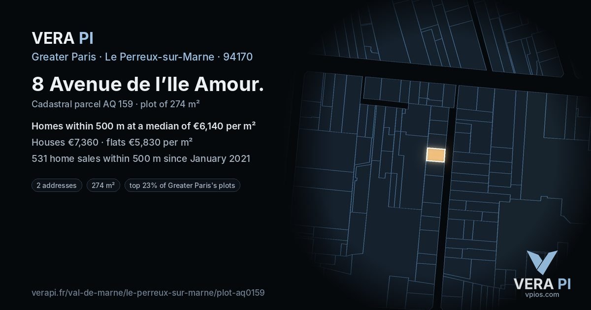 8 Avenue de l’Ile Amour, Le Perreux-sur-Marne at night – the plot lit, the parcels around coloured by the prices near them