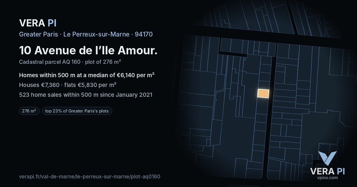 10 Avenue de l’Ile Amour, Le Perreux-sur-Marne at night – the plot lit, the parcels around coloured by the prices near them