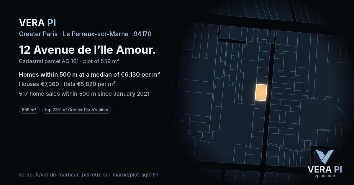 12 Avenue de l’Ile Amour, Le Perreux-sur-Marne at night – the plot lit, the parcels around coloured by the prices near them