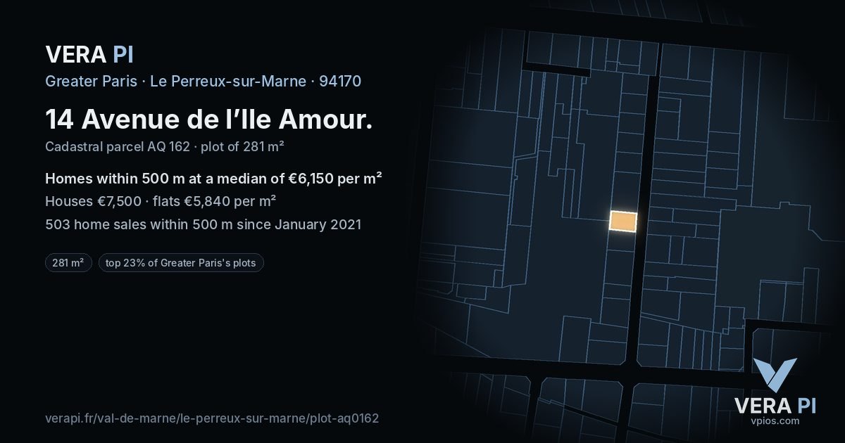 14 Avenue de l’Ile Amour, Le Perreux-sur-Marne at night – the plot lit, the parcels around coloured by the prices near them