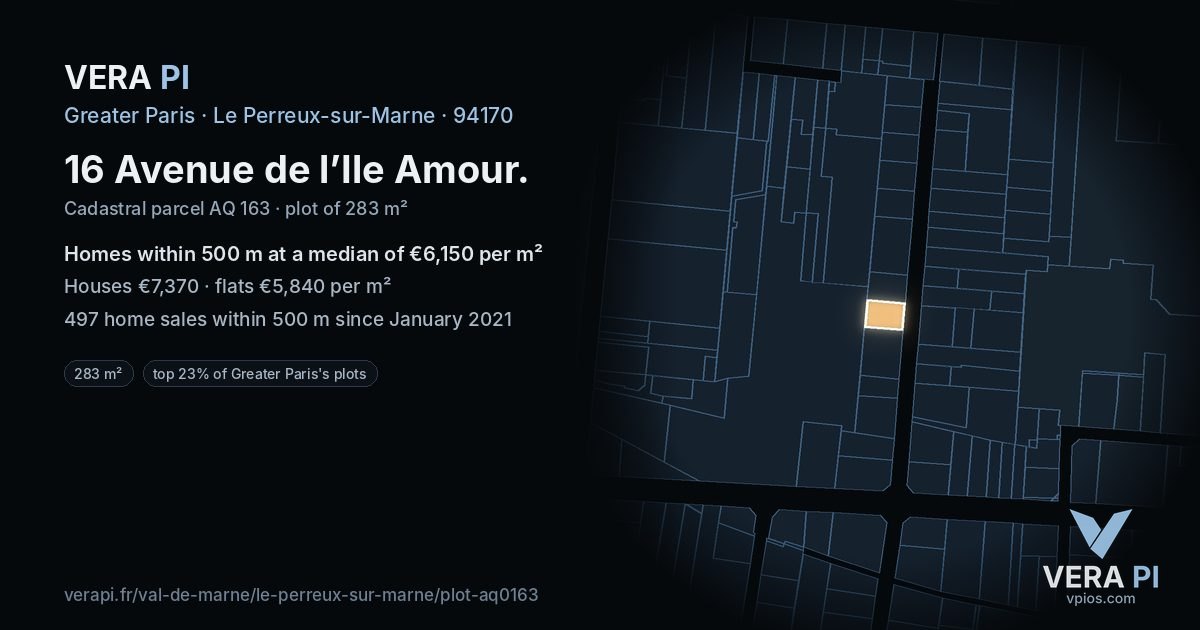 16 Avenue de l’Ile Amour, Le Perreux-sur-Marne at night – the plot lit, the parcels around coloured by the prices near them