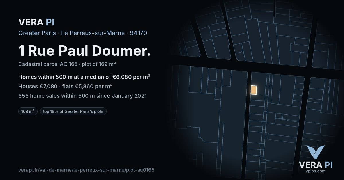 1 Rue Paul Doumer, Le Perreux-sur-Marne at night – the plot lit, the parcels around coloured by the prices near them