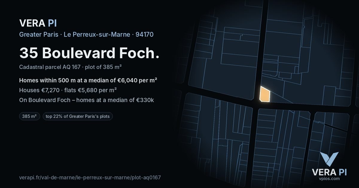 35 Boulevard Foch, Le Perreux-sur-Marne at night – the plot lit, the parcels around coloured by the prices near them