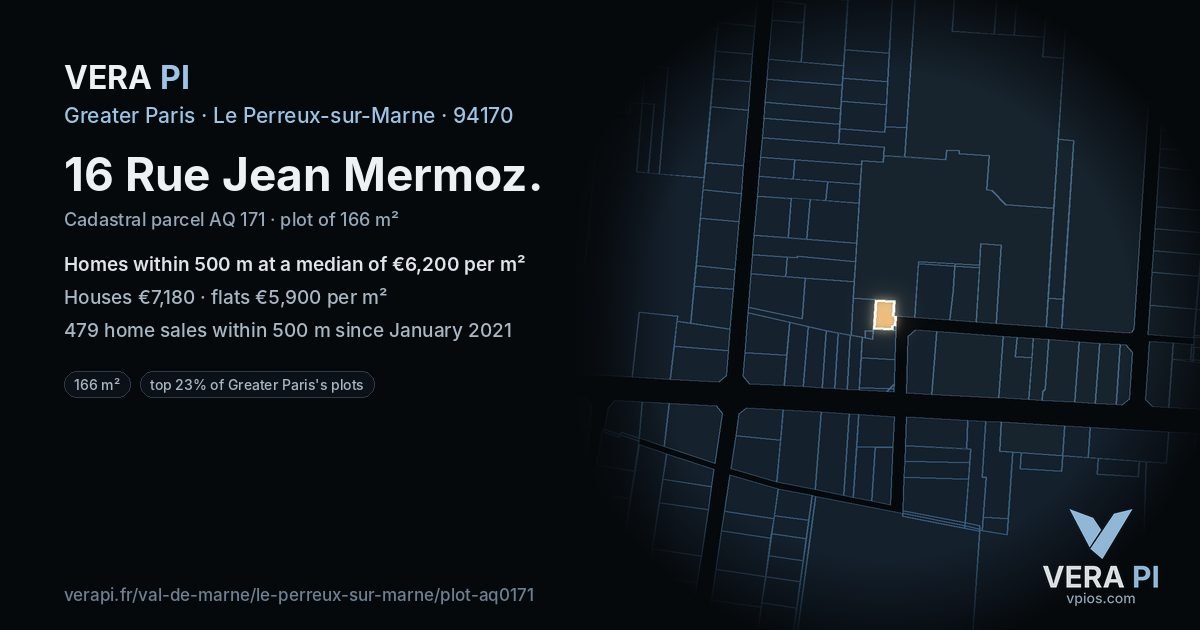 16 Rue Jean Mermoz, Le Perreux-sur-Marne at night – the plot lit, the parcels around coloured by the prices near them