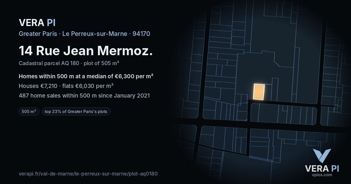 14 Rue Jean Mermoz, Le Perreux-sur-Marne at night – the plot lit, the parcels around coloured by the prices near them