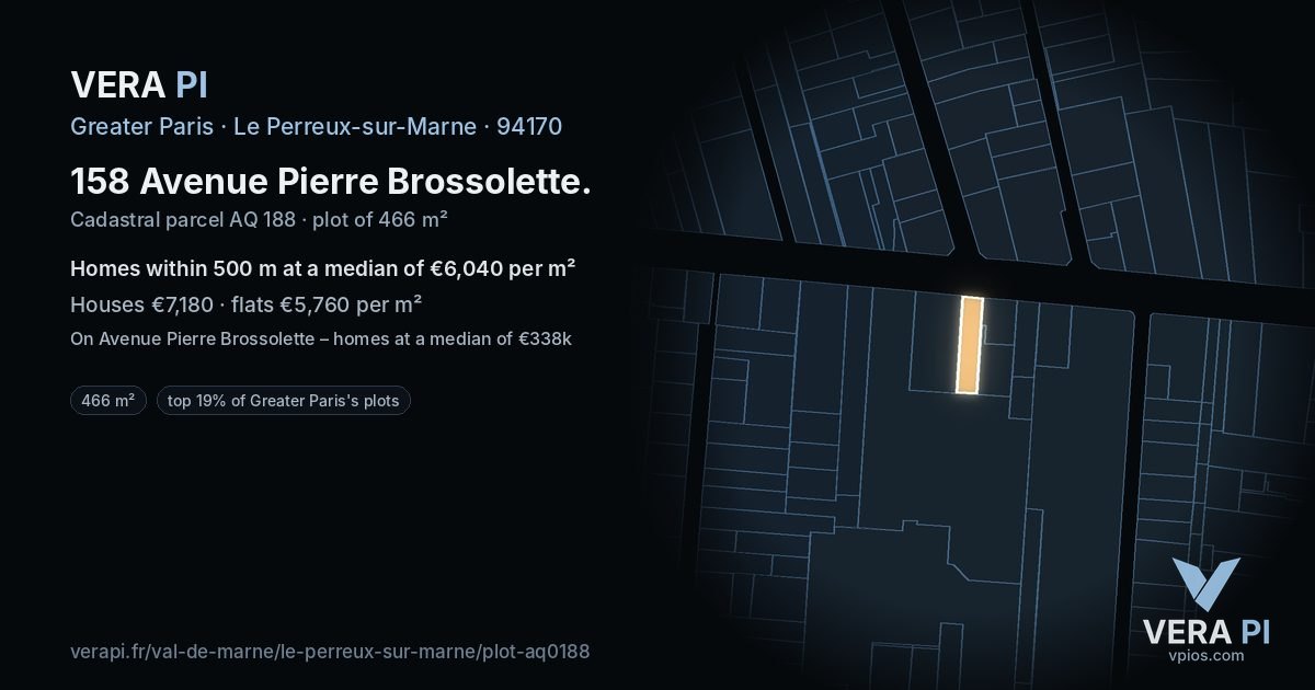 158 Avenue Pierre Brossolette, Le Perreux-sur-Marne at night – the plot lit, the parcels around coloured by the prices near them