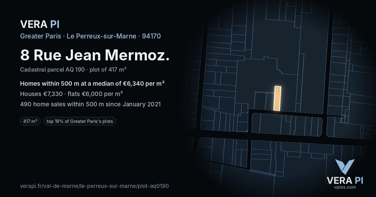 8 Rue Jean Mermoz, Le Perreux-sur-Marne at night – the plot lit, the parcels around coloured by the prices near them