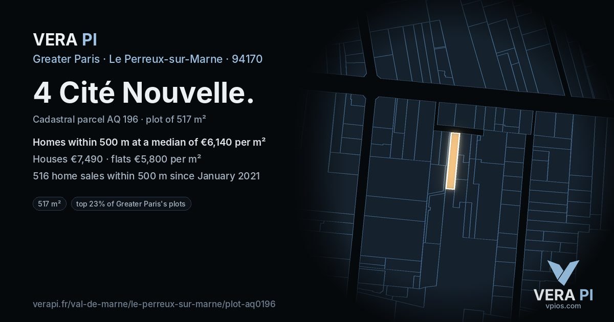 4 Cité Nouvelle, Le Perreux-sur-Marne at night – the plot lit, the parcels around coloured by the prices near them
