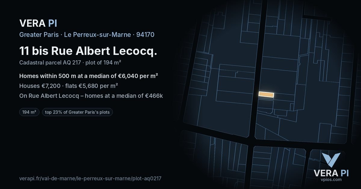 11 bis Rue Albert Lecocq, Le Perreux-sur-Marne at night – the plot lit, the parcels around coloured by the prices near them