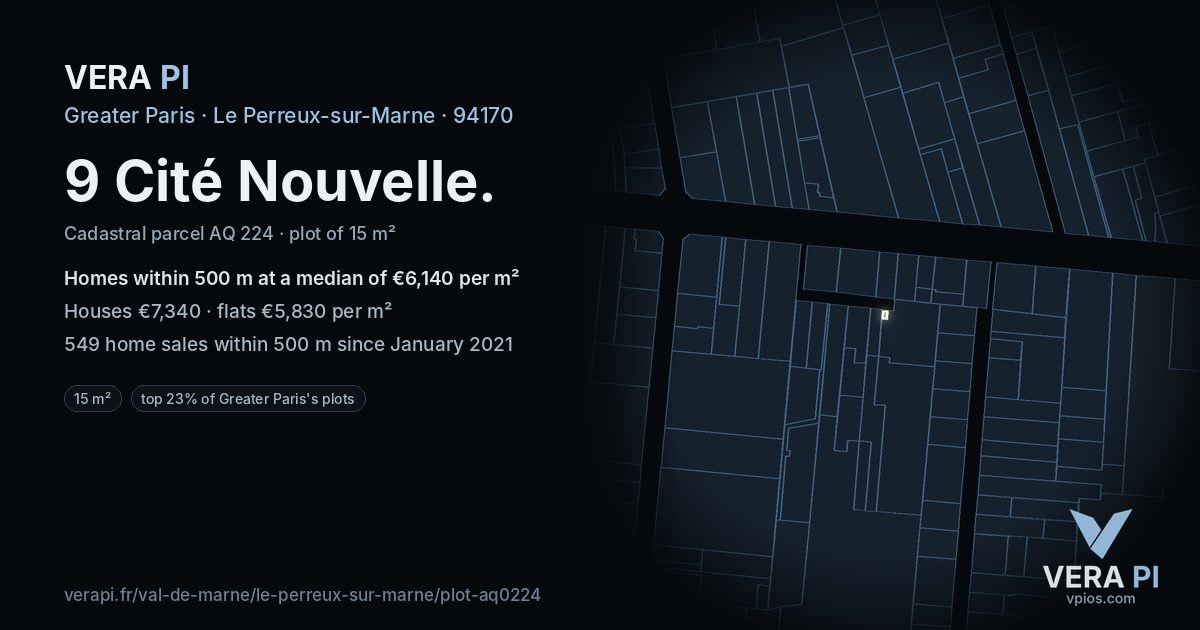 9 Cité Nouvelle, Le Perreux-sur-Marne at night – the plot lit, the parcels around coloured by the prices near them
