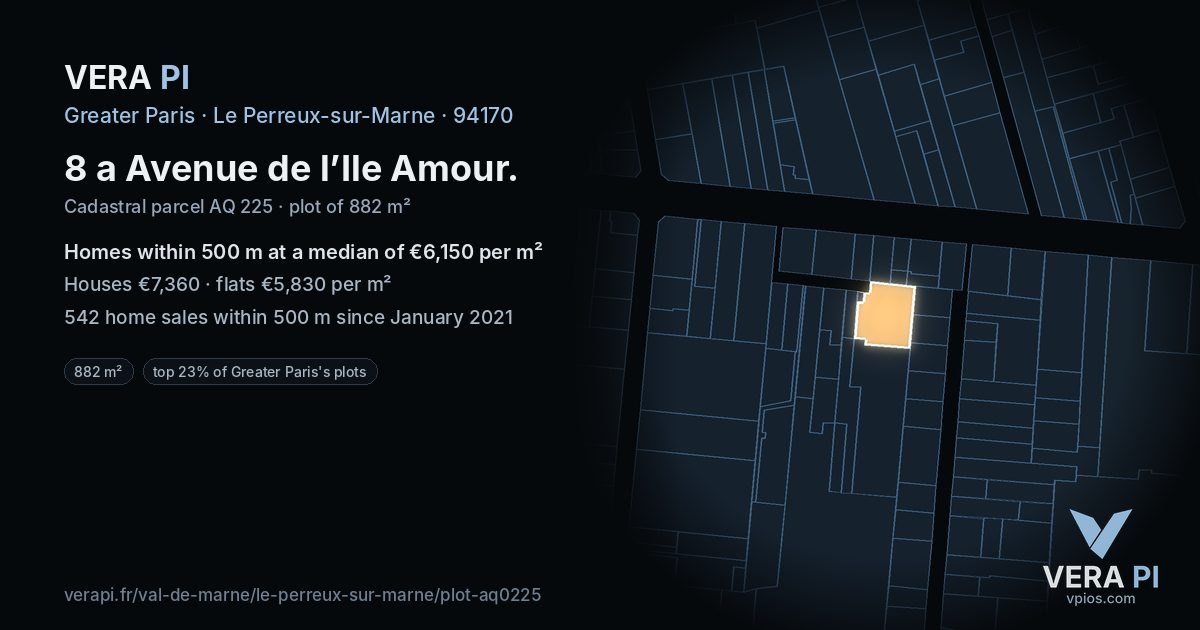 8 a Avenue de l’Ile Amour, Le Perreux-sur-Marne at night – the plot lit, the parcels around coloured by the prices near them
