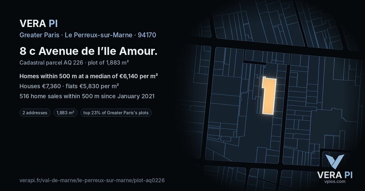 8 c Avenue de l’Ile Amour, Le Perreux-sur-Marne at night – the plot lit, the parcels around coloured by the prices near them