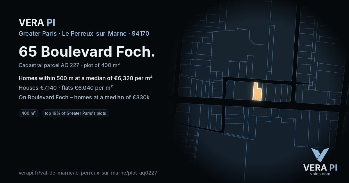 65 Boulevard Foch, Le Perreux-sur-Marne at night – the plot lit, the parcels around coloured by the prices near them