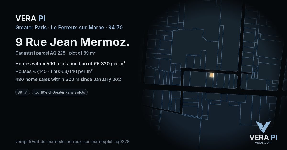 9 Rue Jean Mermoz, Le Perreux-sur-Marne at night – the plot lit, the parcels around coloured by the prices near them