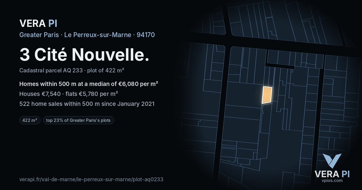 3 Cité Nouvelle, Le Perreux-sur-Marne at night – the plot lit, the parcels around coloured by the prices near them