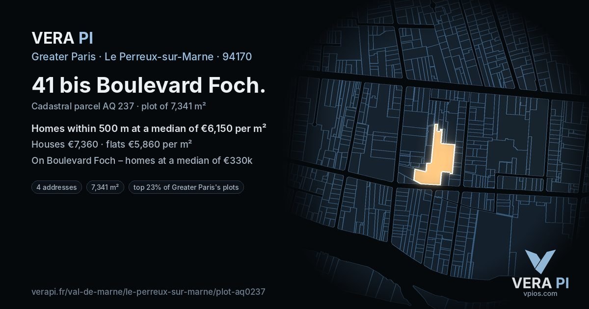 41 bis Boulevard Foch, Le Perreux-sur-Marne at night – the plot lit, the parcels around coloured by the prices near them