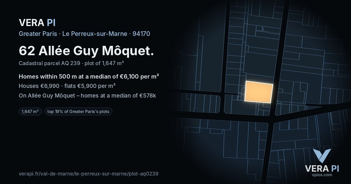 62 Allée Guy Môquet, Le Perreux-sur-Marne at night – the plot lit, the parcels around coloured by the prices near them