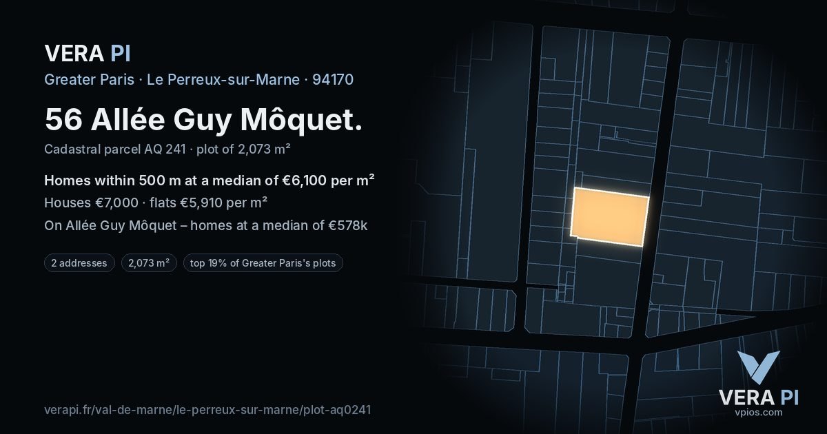 56 Allée Guy Môquet, Le Perreux-sur-Marne at night – the plot lit, the parcels around coloured by the prices near them