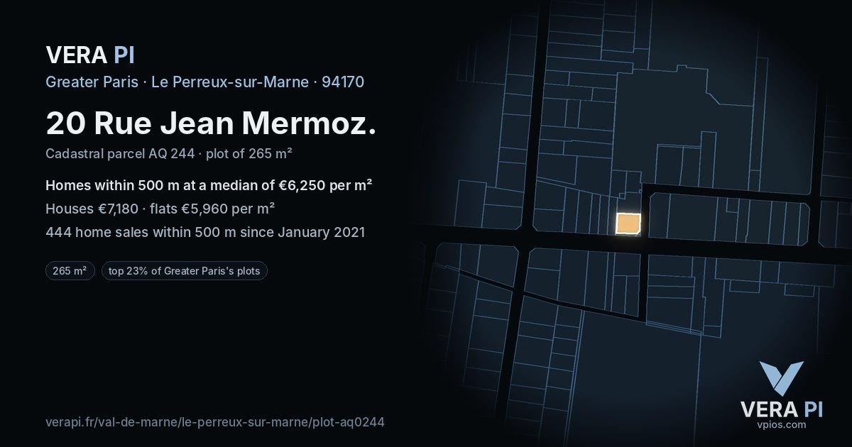 20 Rue Jean Mermoz, Le Perreux-sur-Marne at night – the plot lit, the parcels around coloured by the prices near them