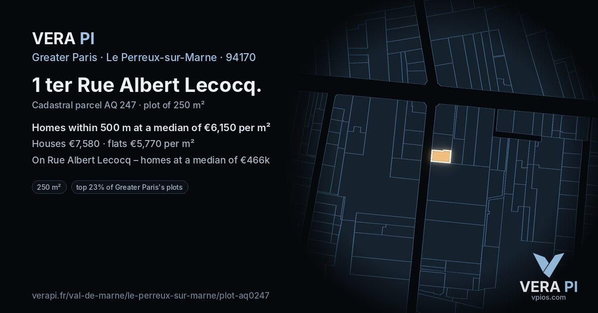 1 ter Rue Albert Lecocq, Le Perreux-sur-Marne at night – the plot lit, the parcels around coloured by the prices near them