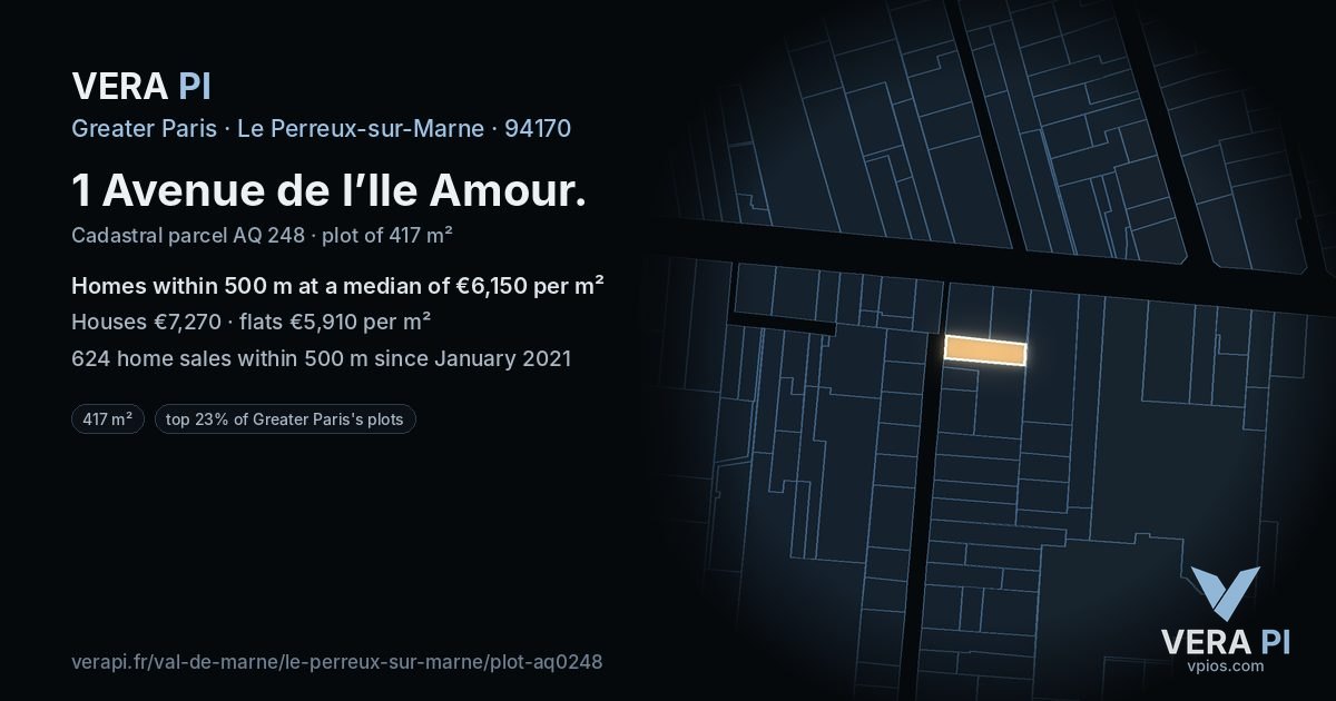 1 Avenue de l’Ile Amour, Le Perreux-sur-Marne at night – the plot lit, the parcels around coloured by the prices near them