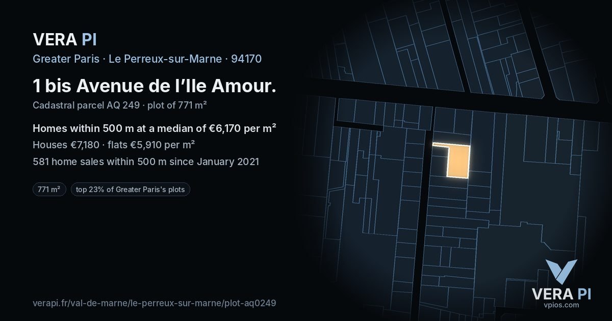 1 bis Avenue de l’Ile Amour, Le Perreux-sur-Marne at night – the plot lit, the parcels around coloured by the prices near them