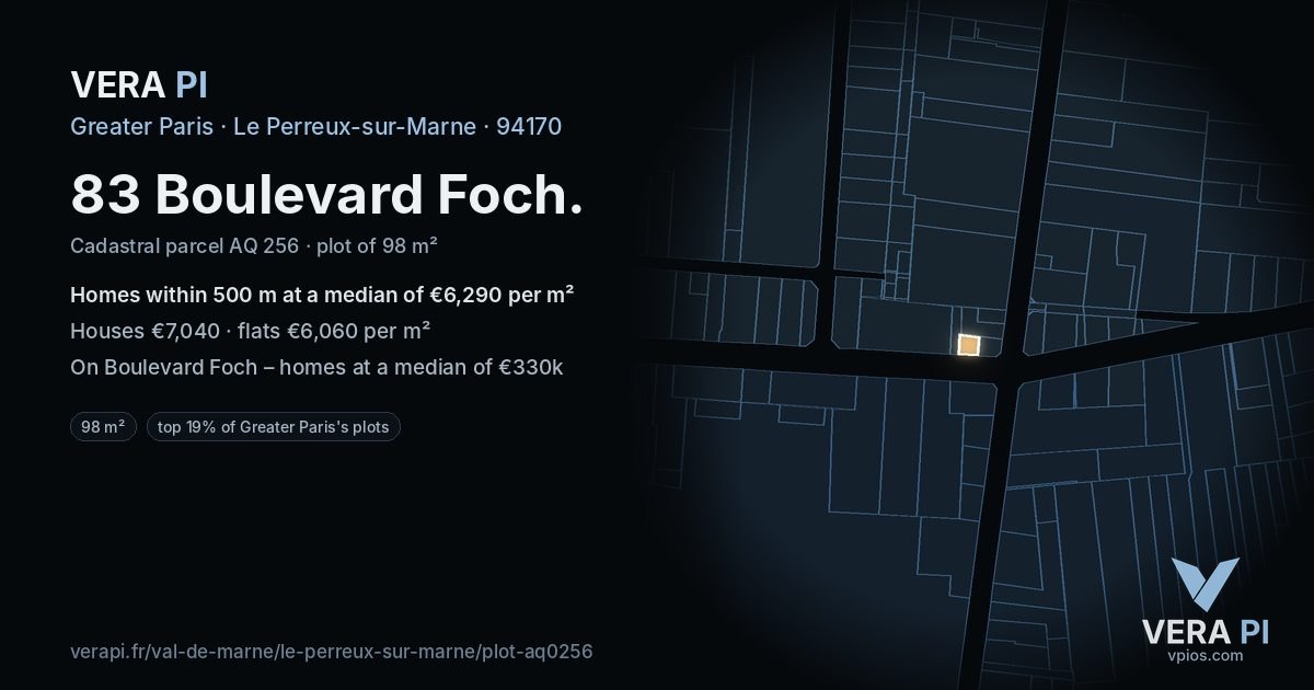 83 Boulevard Foch, Le Perreux-sur-Marne at night – the plot lit, the parcels around coloured by the prices near them
