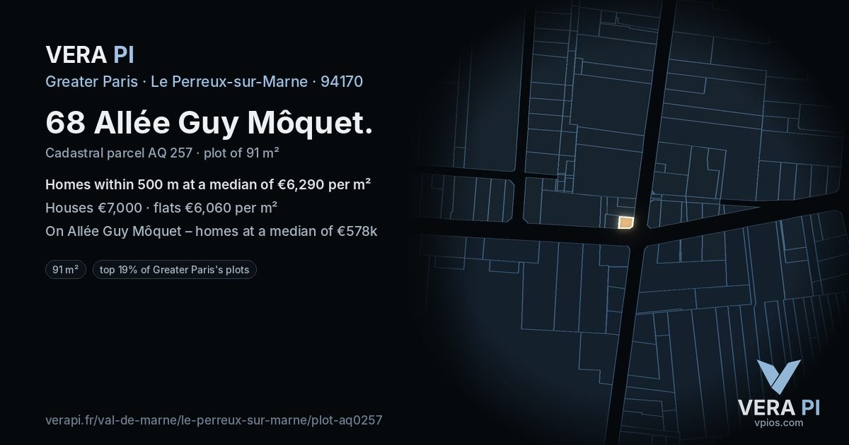 68 Allée Guy Môquet, Le Perreux-sur-Marne at night – the plot lit, the parcels around coloured by the prices near them