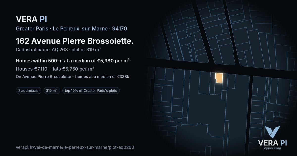 162 Avenue Pierre Brossolette, Le Perreux-sur-Marne at night – the plot lit, the parcels around coloured by the prices near them