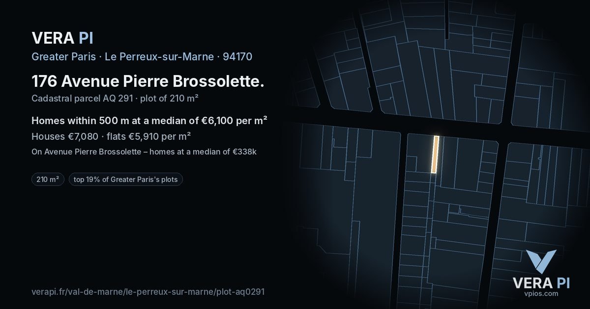 176 Avenue Pierre Brossolette, Le Perreux-sur-Marne at night – the plot lit, the parcels around coloured by the prices near them
