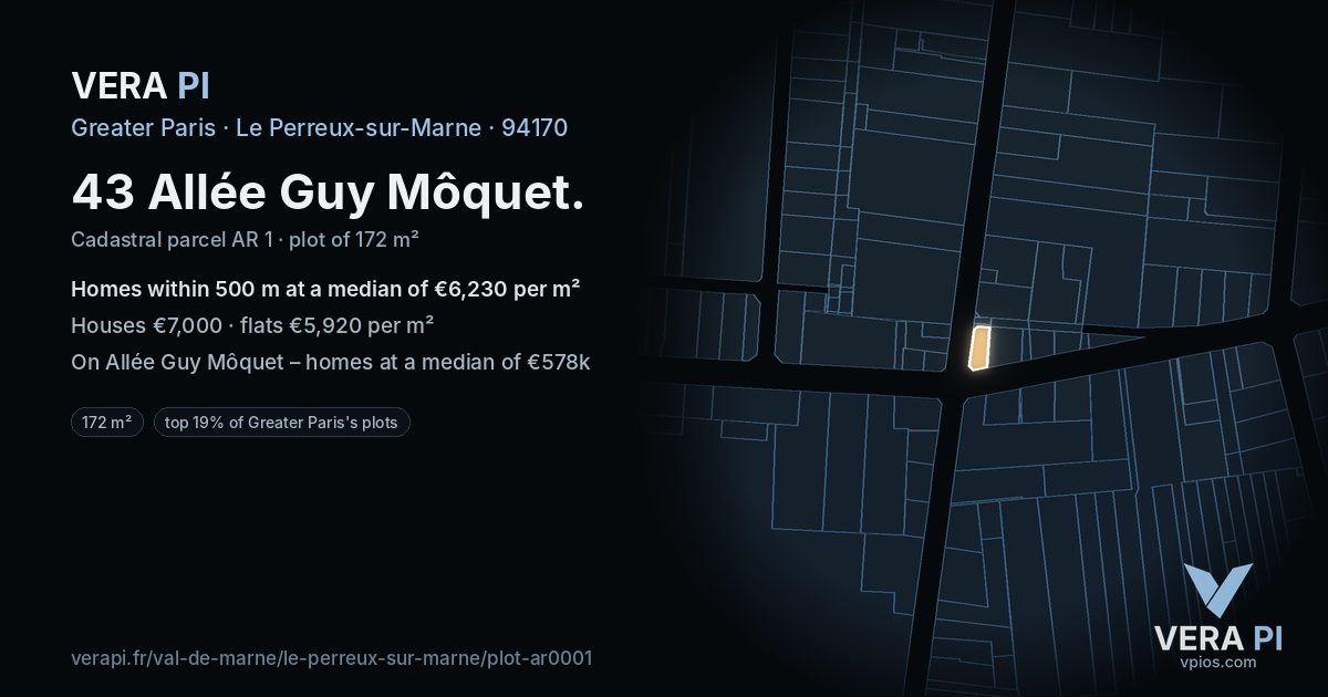43 Allée Guy Môquet, Le Perreux-sur-Marne at night – the plot lit, the parcels around coloured by the prices near them